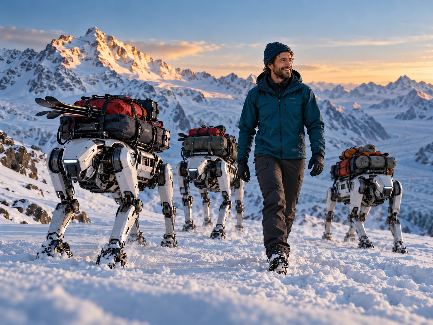 Ein lächelnder Bergsteiger in Petroljacke geht mit drei weißen, mit Gepäck beladenen Lastenrobotern durch eine verschneite Berglandschaft.