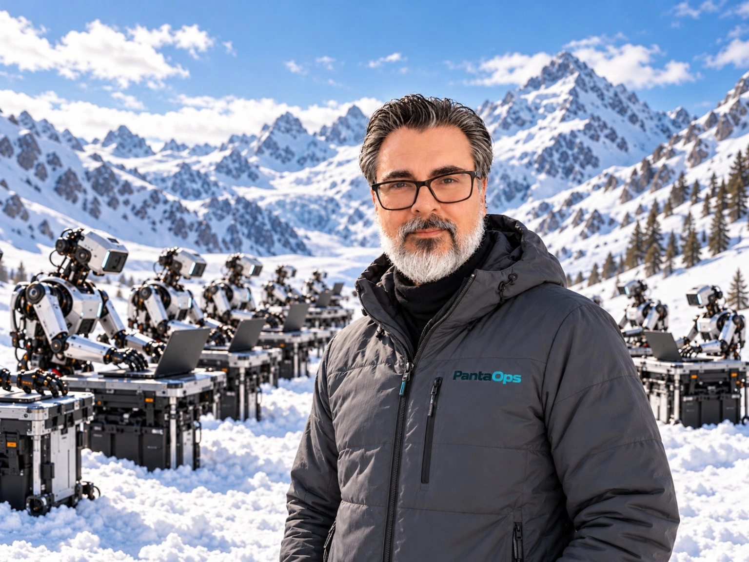 Dennis Formann in grauer Outdoorjacke mit PantaOps-Brustlogo vor einem Winterpanorama; im Hintergrund arbeiten Roboter an Laptops.
